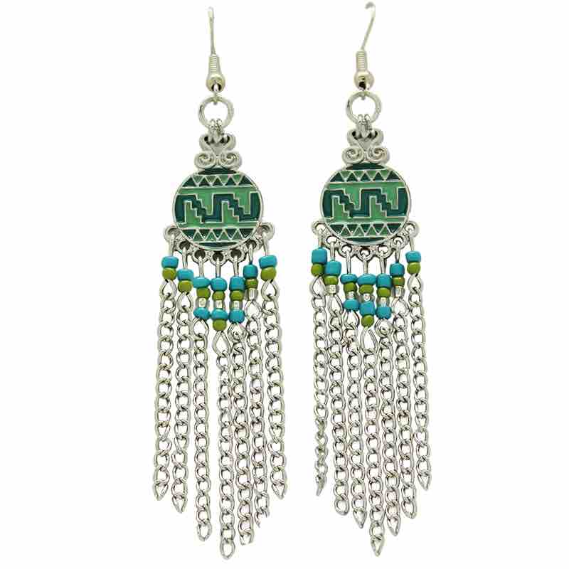 Earrings Silver Blue & Green Pattern