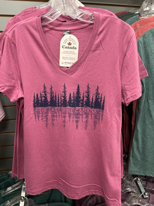 "Fir Trees with Reflections" Pink Women's V Neck T-Shirt